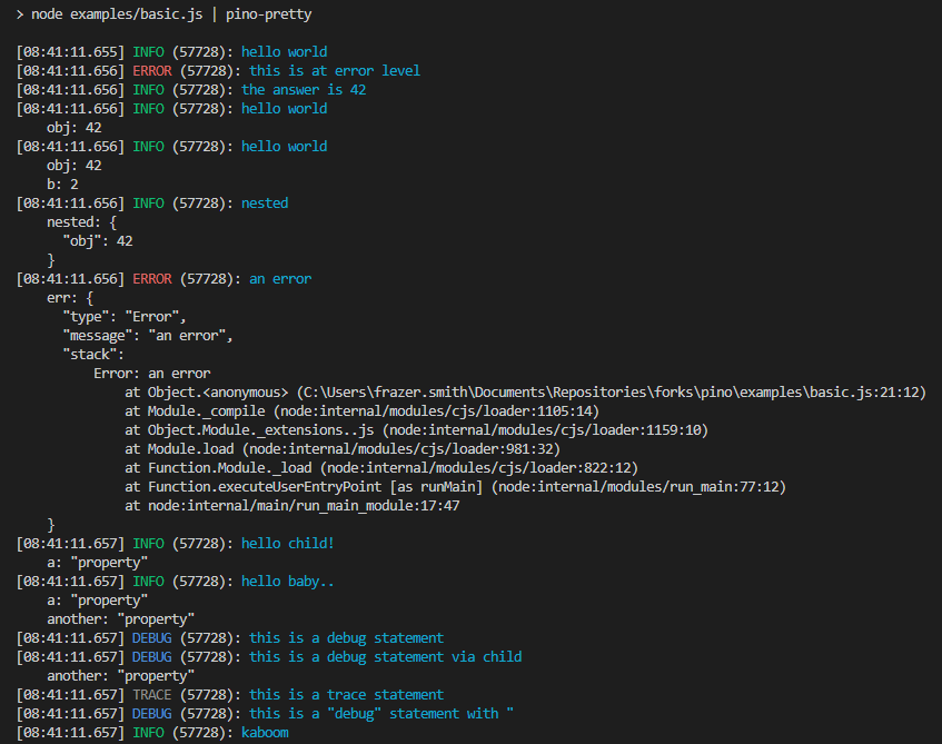 Terminal showing pino-pretty output with coloured levels, timestamps and messages